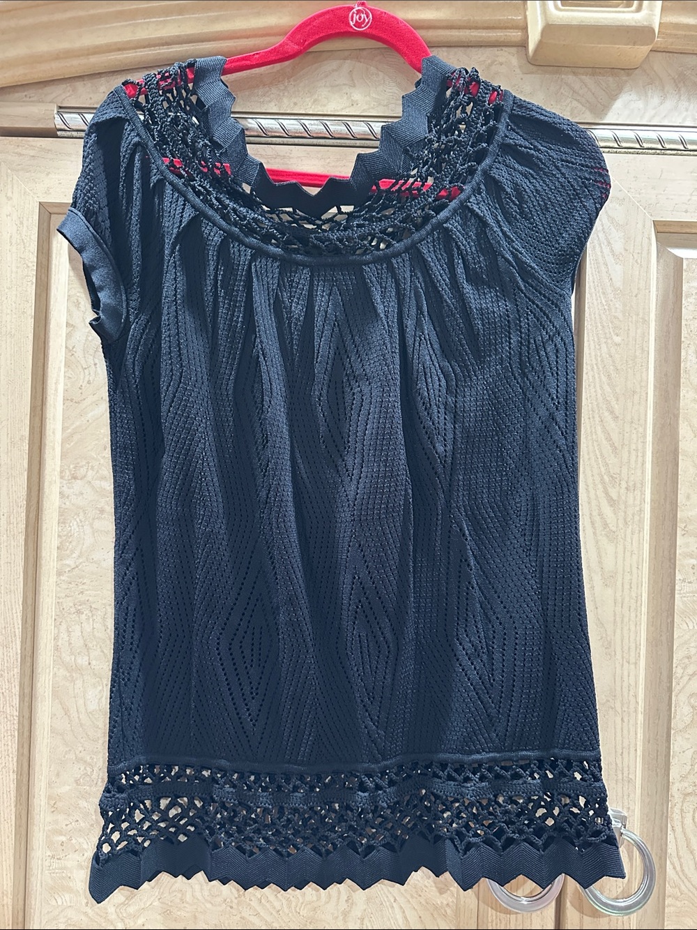 Catherine MalandrinoWomen's Black Crochet-Trim Short Sleeve Top